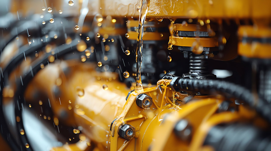 Zoomed-in focus on the hydraulic system of a backhoe loader, with droplets of oil mid-air
