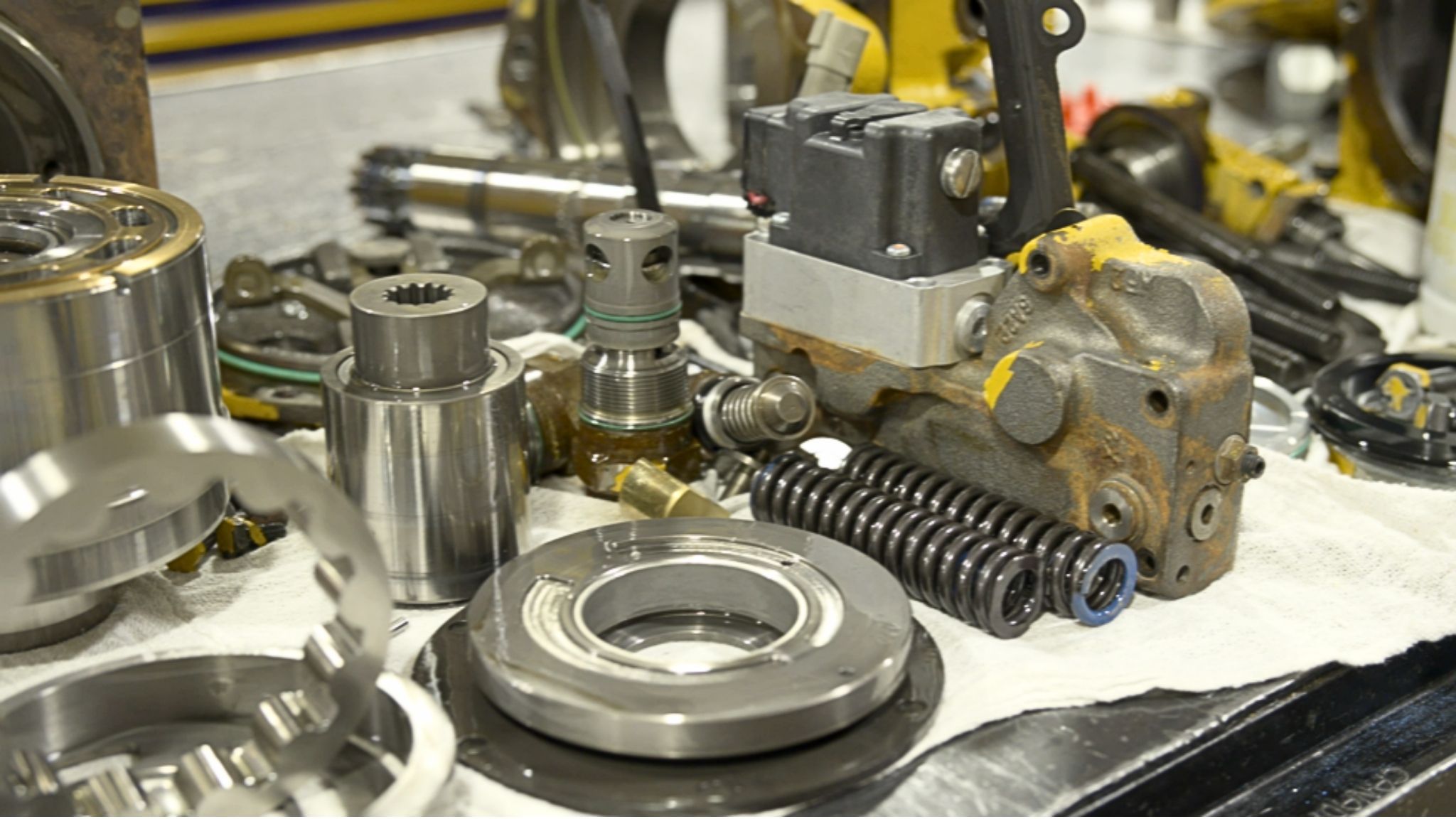 Hydraulic system parts displayed on a table